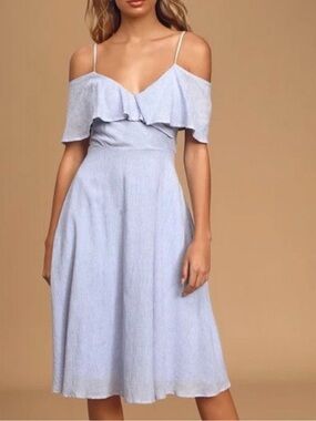 Lulu's Sky Blue Off-Shoulder “Yacht Rock” Ruffle Midi Dress - Small